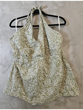 Torrid Size 2 Plus Green White Abstract Cotton Woven V-Neck Halter Blouse